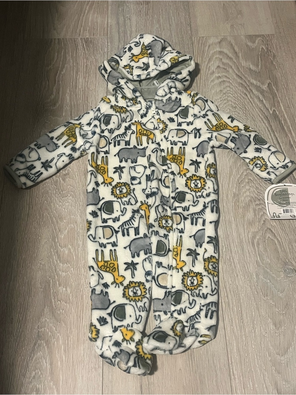 Little Beginnings Cream, Gray & Yellow Safari Fleece Baby Footie with Hood